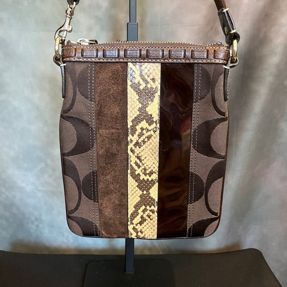 Coach Signature Striped Snake Print Crossbody Bag Brown - Picture 3 of 11